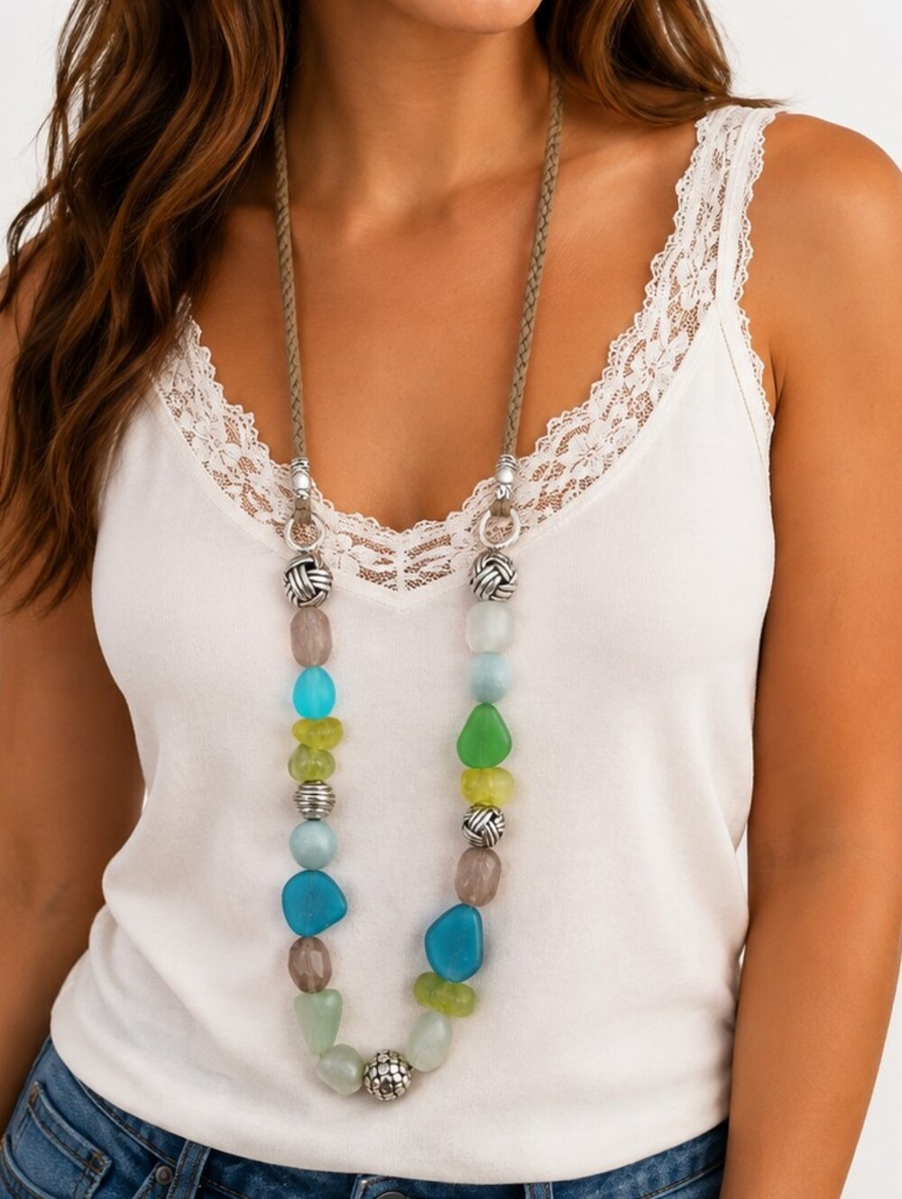 BRIGHTON Long Sea Candy Glass Beaded Leather Braided Necklace